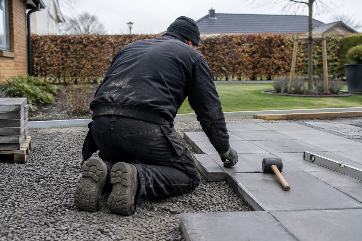 Brolægger lægger fliser i dansk have